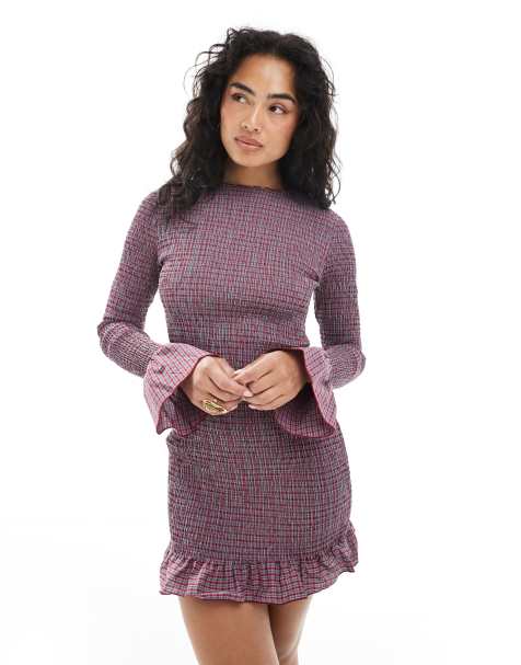 Daisy Street – Rödrutig, smockad miniklänning med långa ärmar - view 1