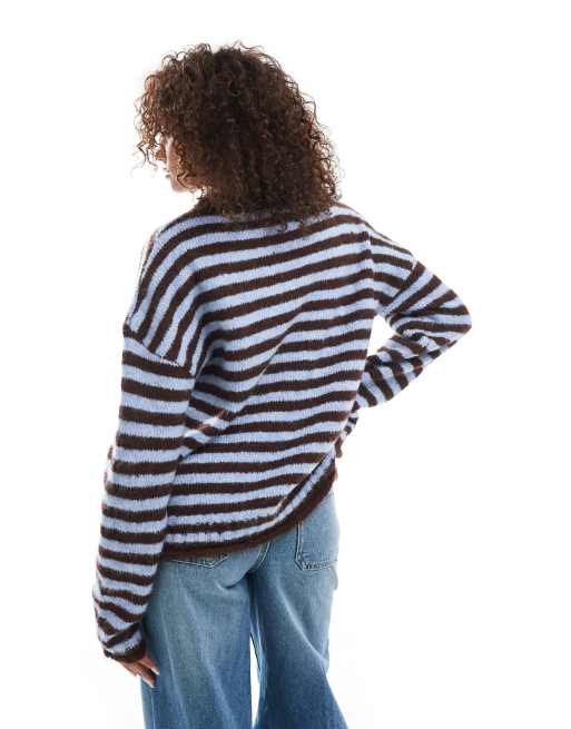 Daisy Street roll hem stripe and star graphic jumper in blue and brown, 4 of 4