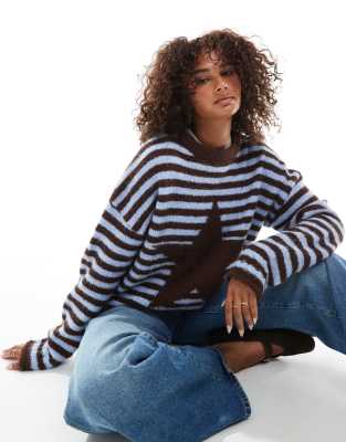 Daisy Street Roll Hem Stripe And Star Graphic Sweater In Brown
