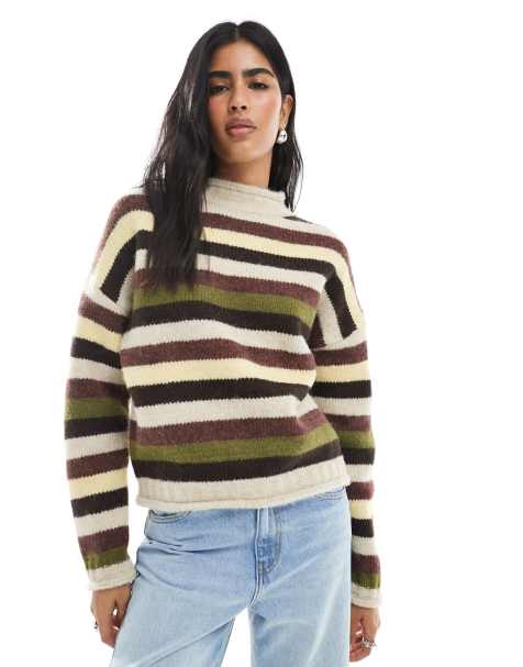 Daisy Street roll neck and hem jumper in multi stripe - view 1