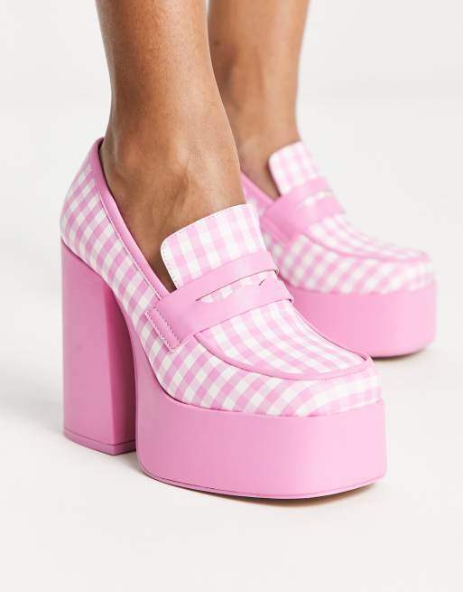 Daisy Street – Rosa, ginghamrutiga loafers med klackar och platå-sula