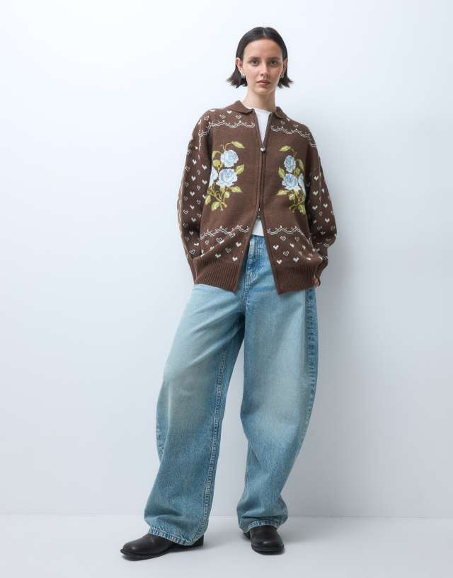 Daisy Street rosette oversized zip up cardigan in brown | ASOS