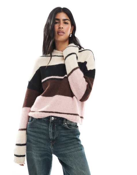 Daisy Streer roll neck stripe jumper in pink and beige