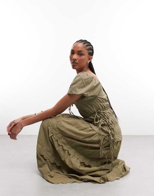 Daisy Street ruched broderie detail maxi dress in olive, 2 of 4