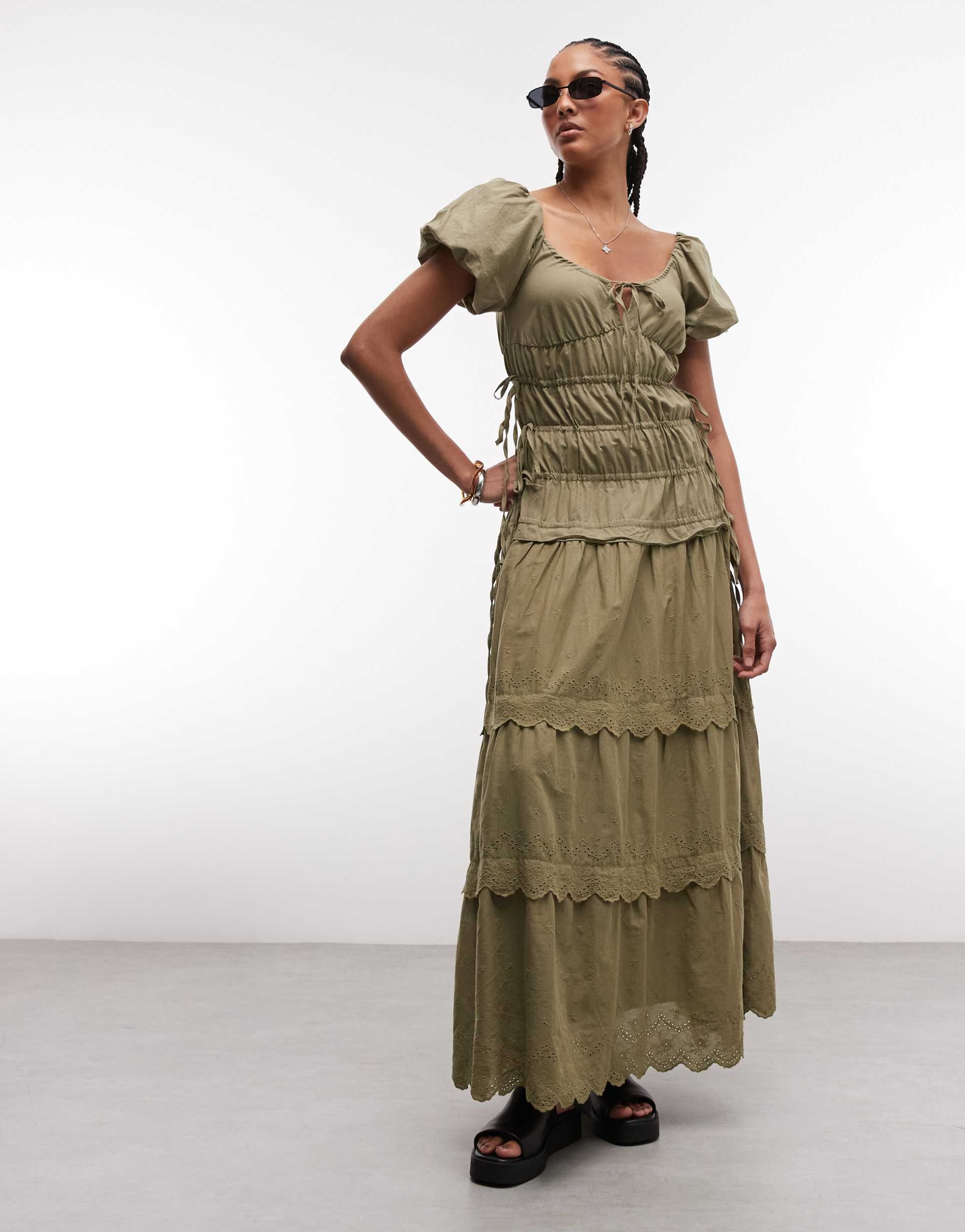 daisy street ruched broderie detail midi dress in olive