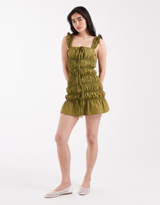 Daisy Street Ruched Tie Detail Mini Dress In Green