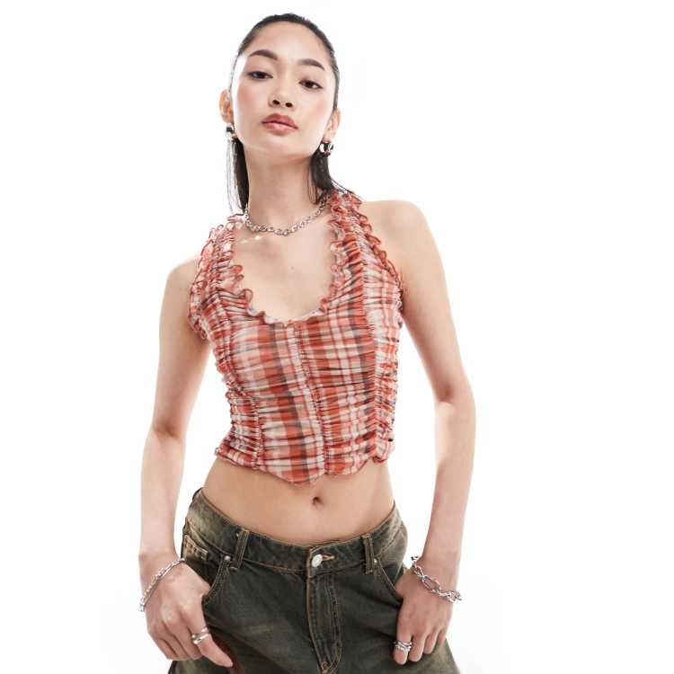 Daisy Street ruched vintage plaid v-neck tank top in orange | ASOS