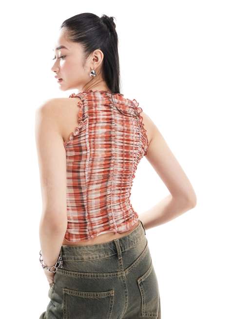 Daisy Street ruched vintage plaid v-neck tank top in orange | ASOS