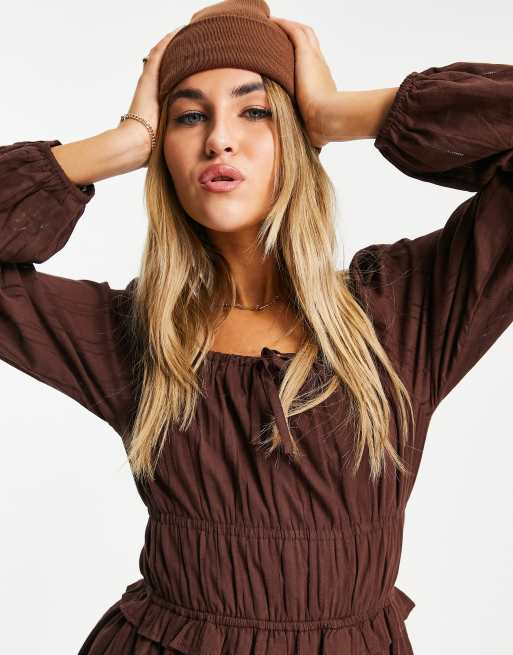 Daisy Street ruched waist milk maid mini dress in brown | ASOS