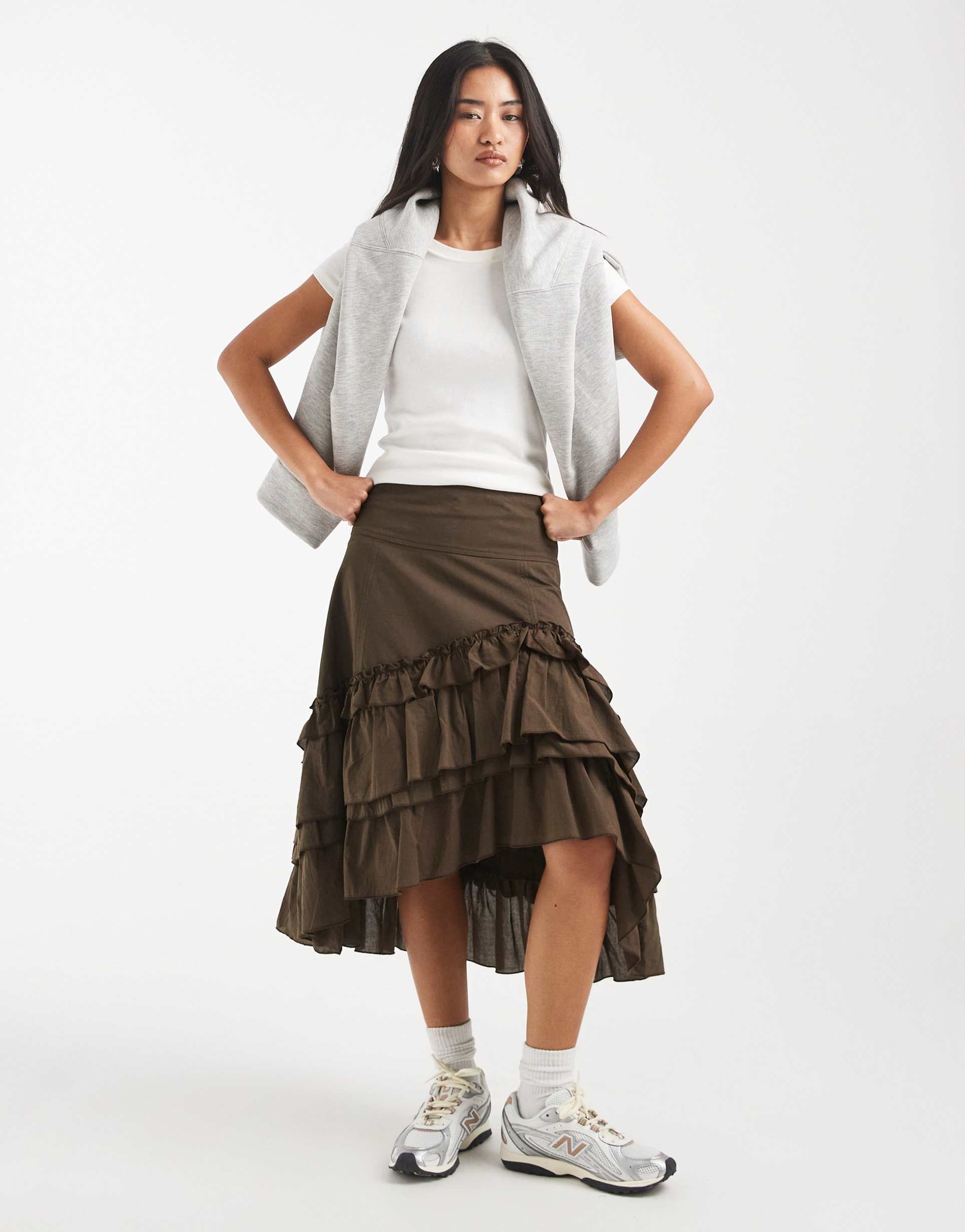 daisy street ruffle asymmetric midi skirt in brown