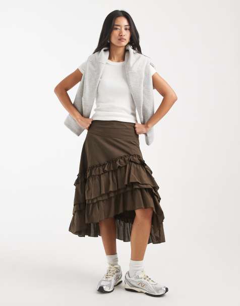 Daisy Street ruffle asymmetric midi skirt in brown