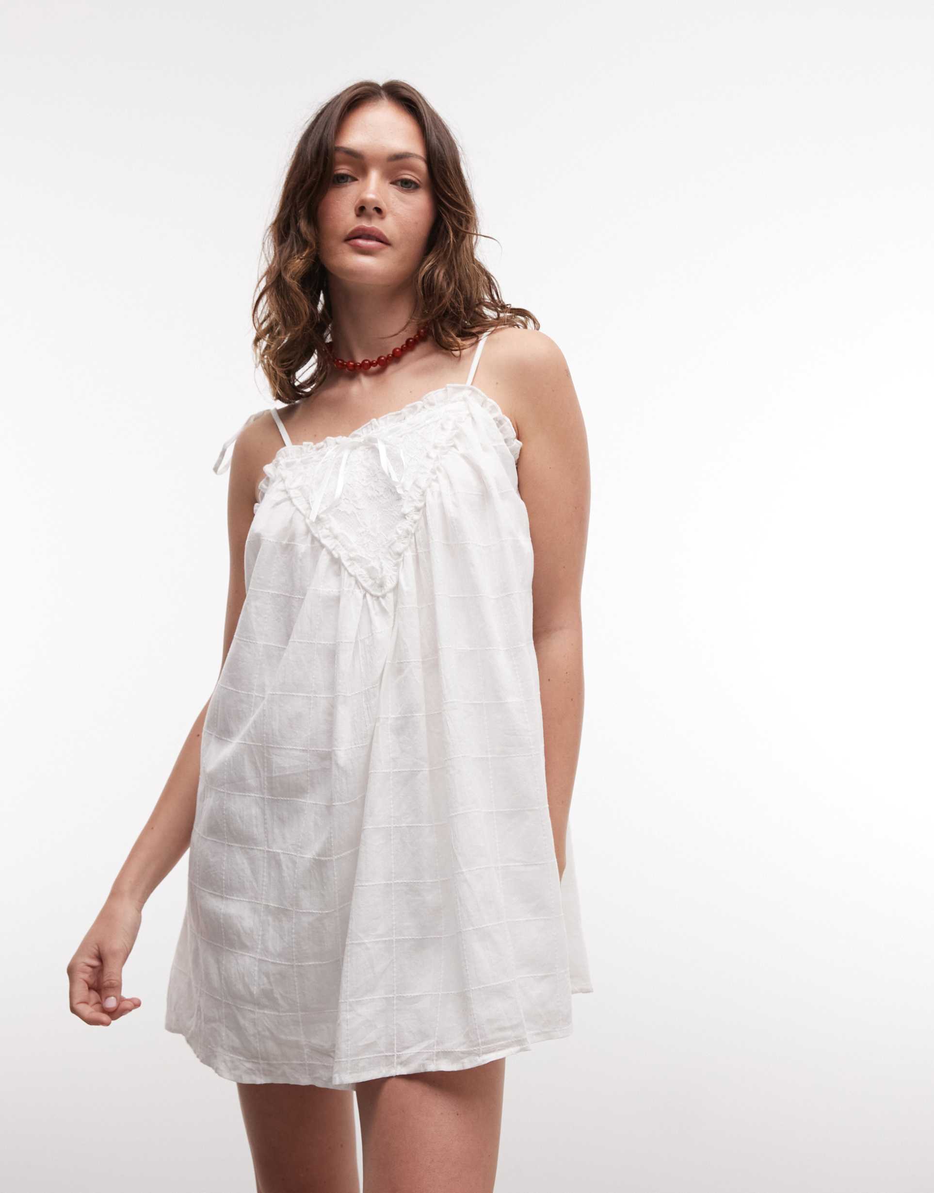 daisy street ruffle detail tie strap mini dress in white