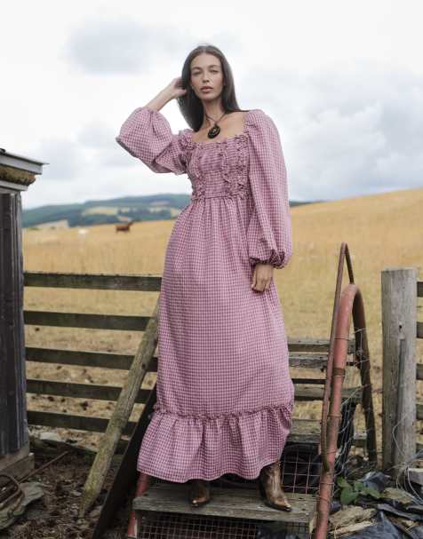 Daisy Street ruffle front balloon sleeve maxi dress in pink check - view 1