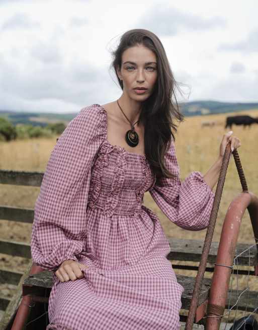 Daisy Street ruffle front balloon sleeve maxi dress in pink check, 2 of 4