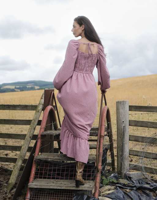 Daisy Street ruffle front balloon sleeve maxi dress in pink check, 3 of 4