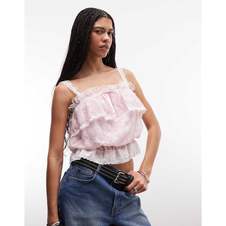 Daisy Street ruffle lace boho top with bow in pink | ASOS