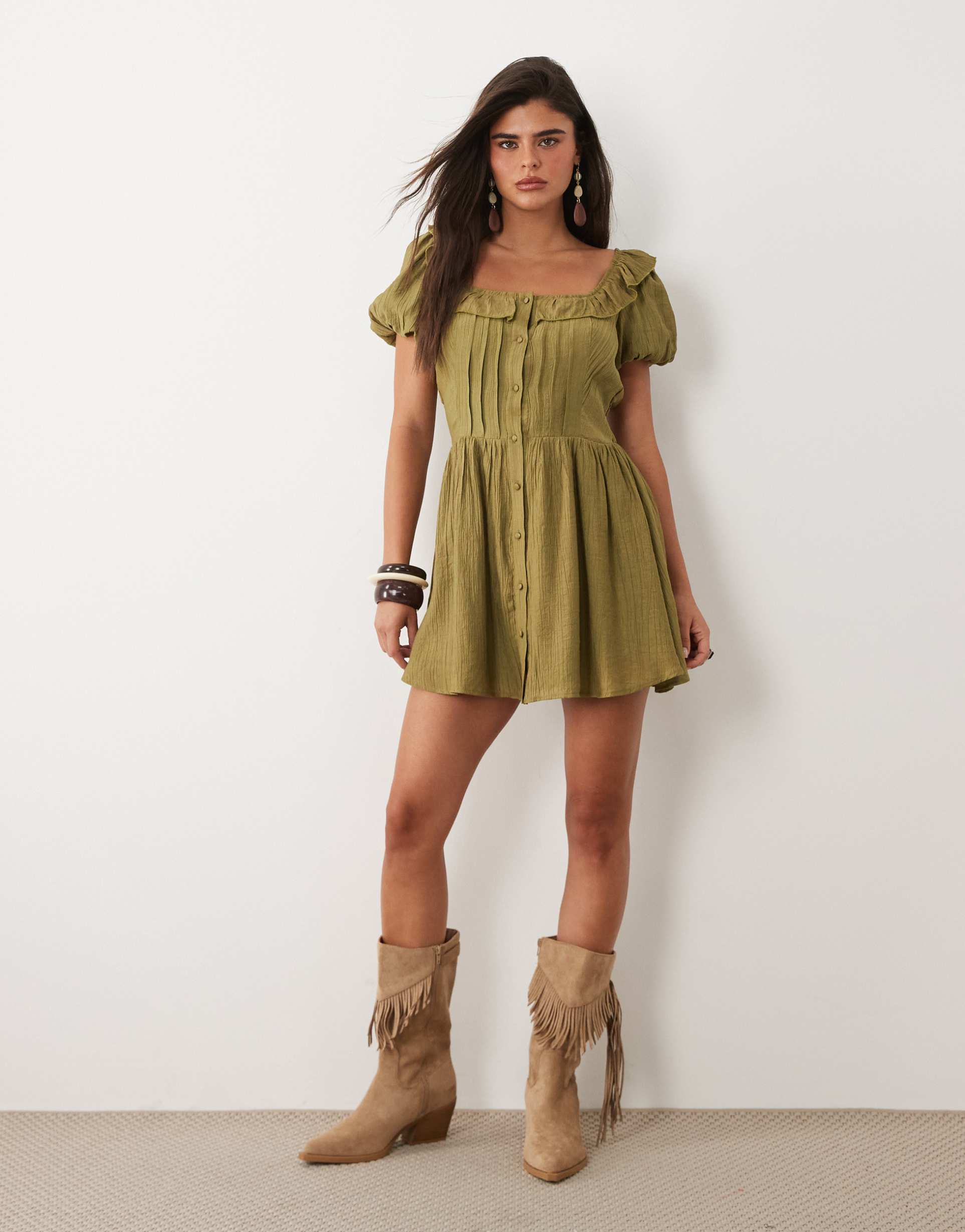 daisy street ruffle neck button down mini dress with puff sleeves in olive