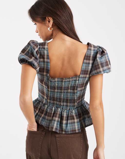Daisy Street ruffle peplum waist puff sleeve blouse in blue beige check, 4 of 4