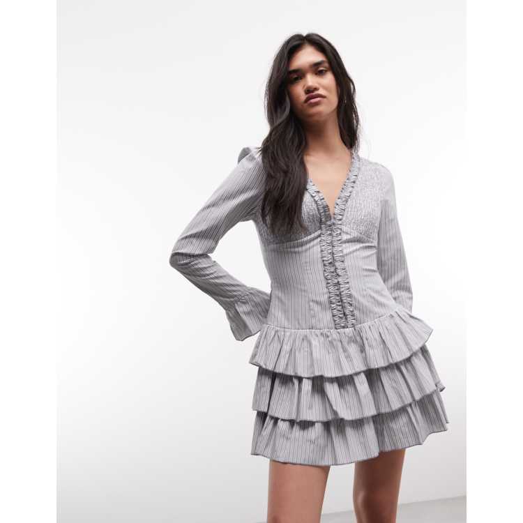 Daisy Street ruffle rara skirt mini dress in gray striped print | ASOS