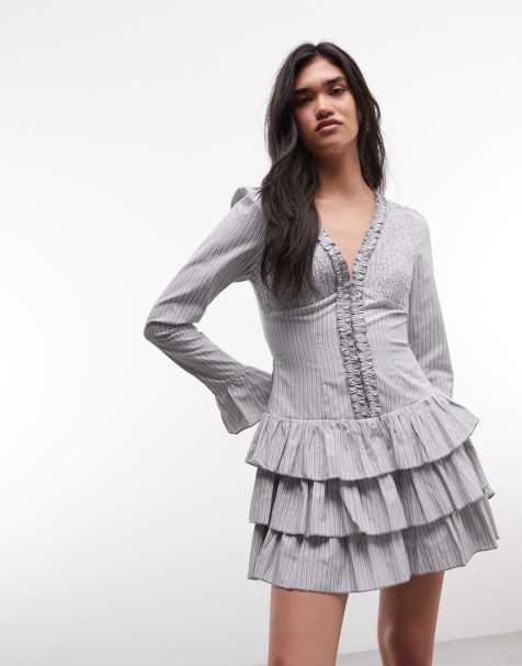 Daisy Street ruffle rara skirt mini dress in grey stripe - view 1