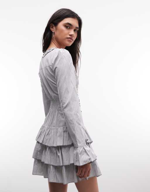 Daisy Street ruffle rara skirt mini dress in grey stripe, 3 of 4