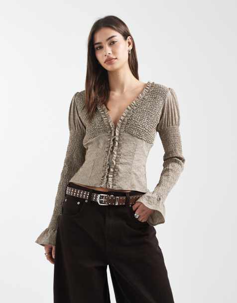 Daisy Street ruffle shirred fitted long sleeve shirt in neutral stripe - view 1