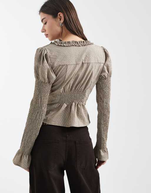 Daisy Street ruffle shirred fitted long sleeve shirt in neutral stripe, 2 of 4