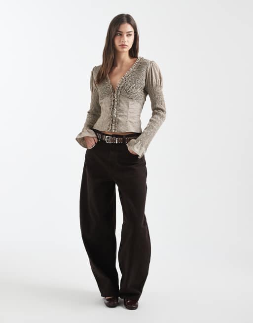 Daisy Street ruffle shirred fitted long sleeve shirt in neutral stripe, 4 of 4
