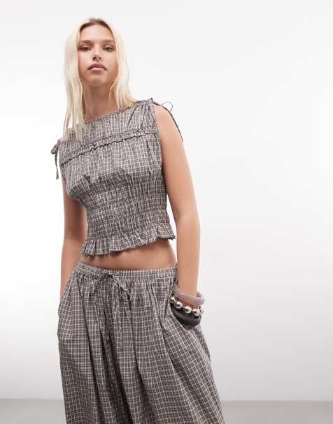 Daisy Street ruffle shirred top in brown check co-ord - view 1