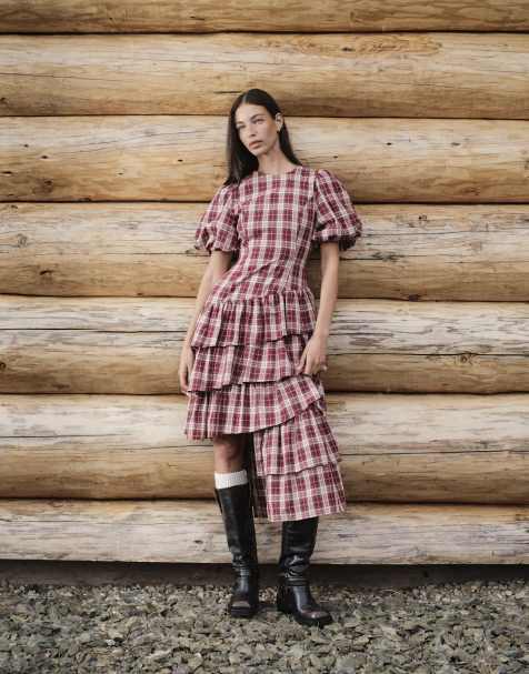 Daisy Street ruffle step hem midi dress with puff sleeve in red check - view 1