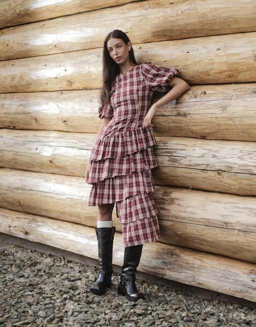 Daisy Street ruffle step hem midi dress with puff sleeve in red check, 2 of 4