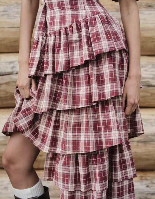 Daisy Street ruffle step hem midi dress with puff sleeve in red check, 4 of 4