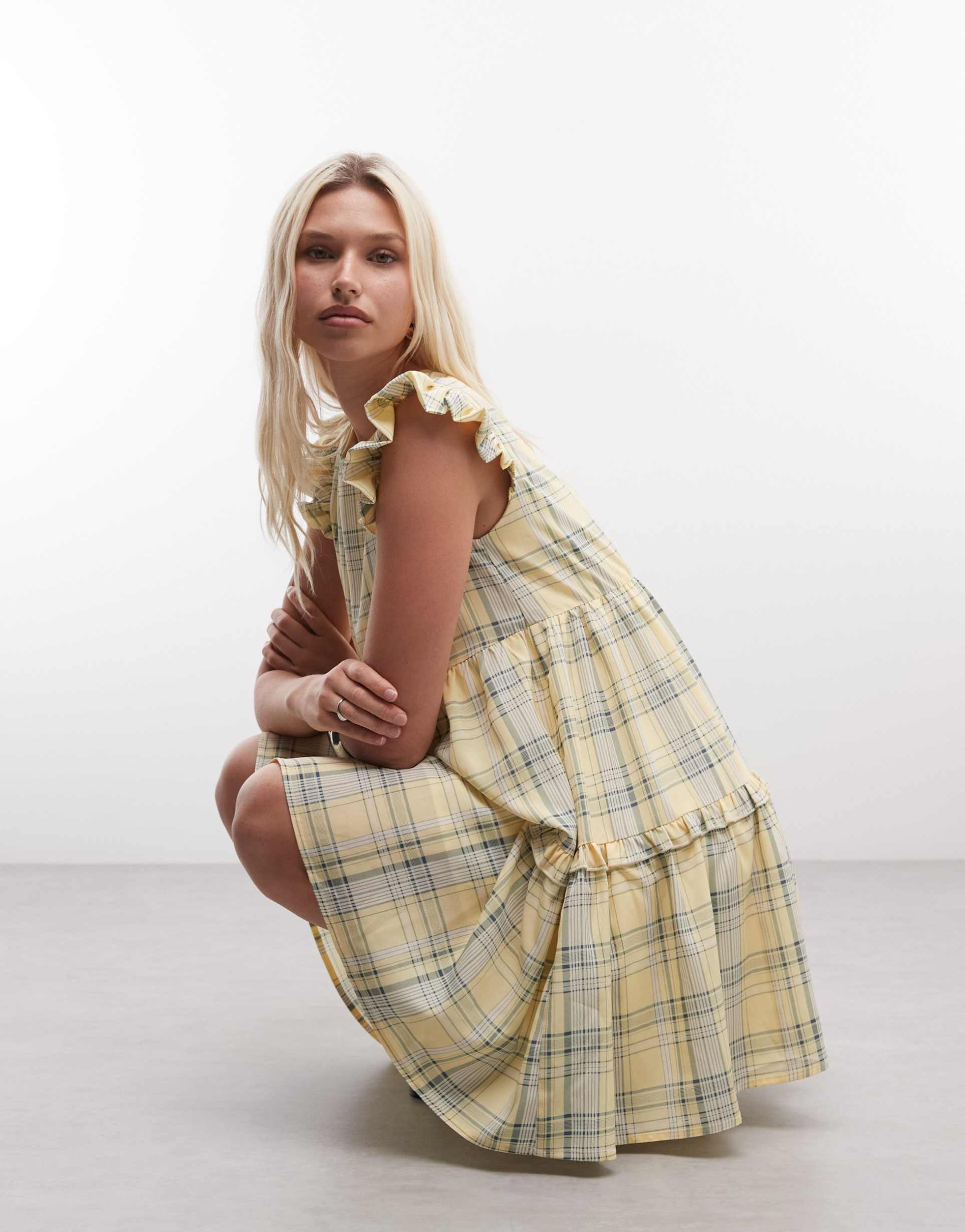 daisy street ruffle tiered chuck on smock mini dress in yellow check
