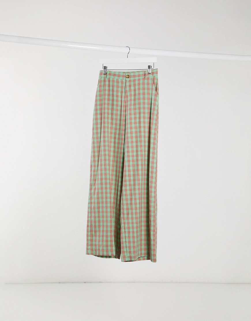 Daisy Street - Ruimvallende geruite broek met hoge taille in pastelkleuren-Groen