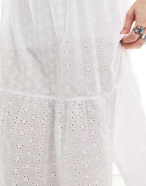Daisy Street - Ruimvallende lange boho-jurk met broderie in wit, 2 van 4