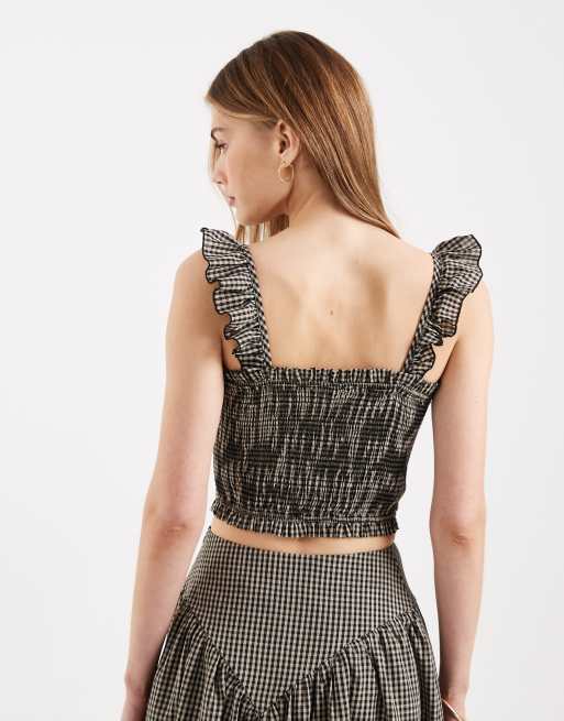 Daisy Street - Rynket cami-top med flæsestropper og sort/beige gingham-tern - Del af sæt, 2 af 4
