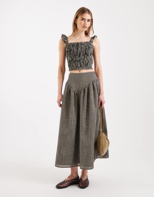 Daisy Street - Rynket cami-top med flæsestropper og sort/beige gingham-tern - Del af sæt, 4 af 4