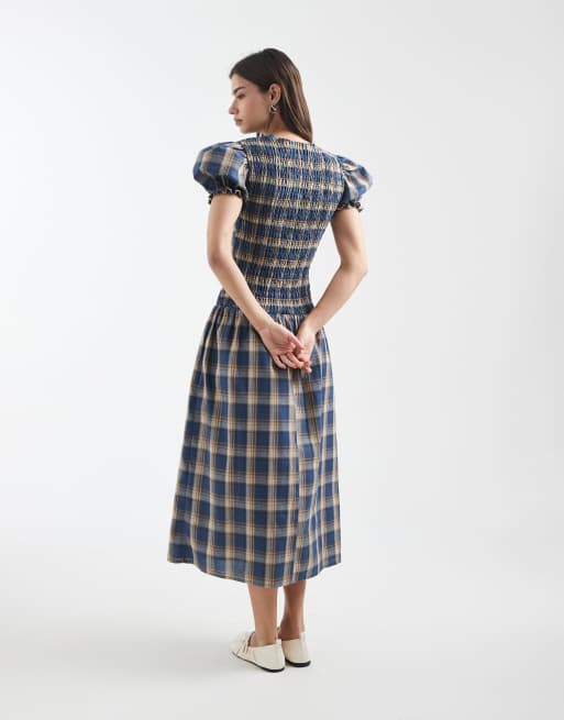 Daisy Street - Rynket maxikjole med sænket talje og blå gingham-tern, 2 af 4