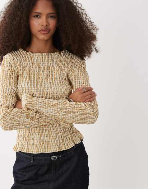 Daisy Street - Rynket top med lange ærmer og beige tern - view 1