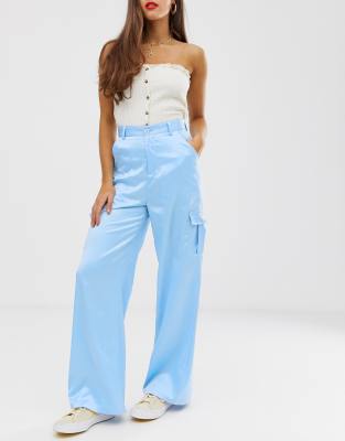 blue satin cargo pants