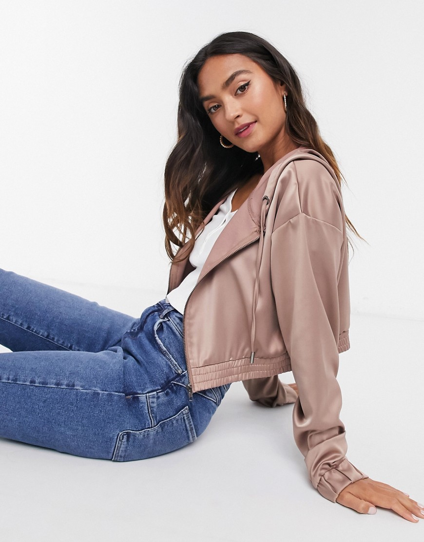 Daisy Street satin cropped jacket in nude-Brown