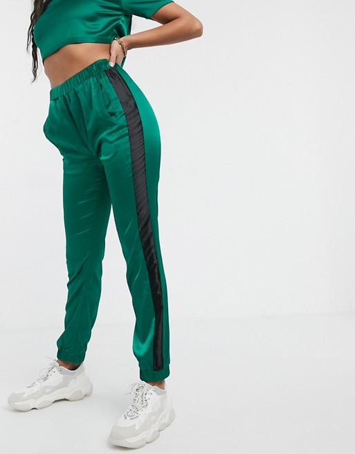 Daisy Street satin joggers with contrast panels in green