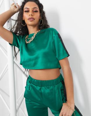 green satin crop top