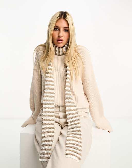 Daisy Street - Sciarpa sottile in maglia bianco sporco e beige a righe