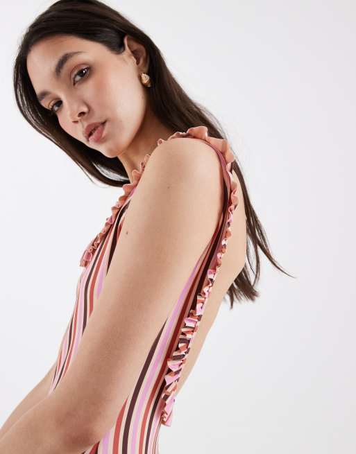 Daisy Street scoop back ruffle detail swimsuit in pink multi stripe, 2 of 4