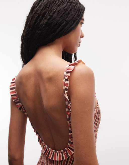 Daisy Street scoop back shirred ruffle swimsuit in brown check, 4 of 4
