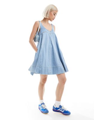 Daisy Street scoop neck flared babydoll mini dress in blue denim