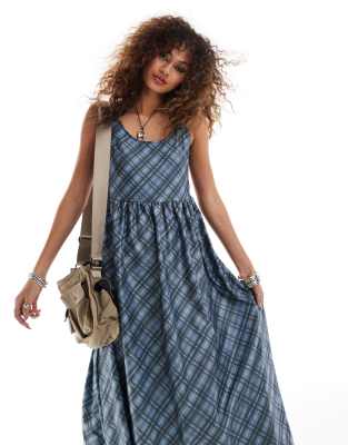 Daisy Street scoop neck smock dress in blue check