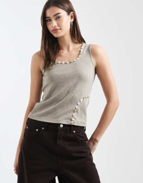 Daisy Street scoop neck vest top with button detailing in grey - view 1