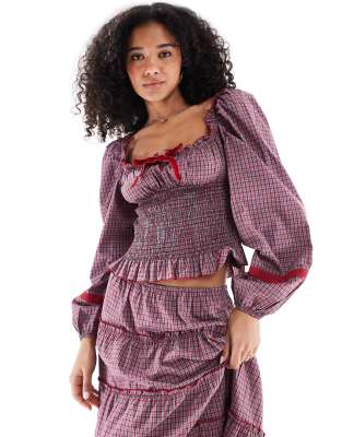 Daisy Street Daisy Street scoop neckline long sleeve shirred bodice blouse in red check co-ord